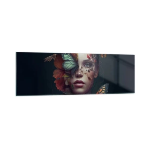 Obraz na szkle - Portret kobiety z motylami i elementami roślinnymi - 160x50cm - Cudowna metamorfoza - Nowoczesna dekoracja ścienna do salonu i sypialni ARTTOR