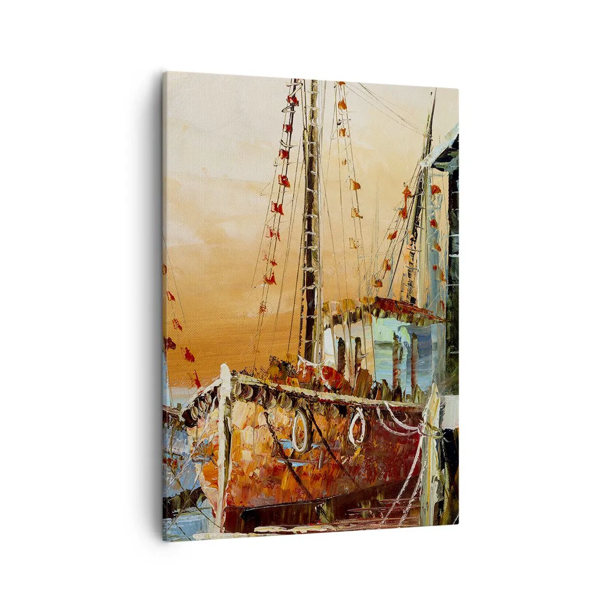 Obraz na płótnie - Impresjonistyczny obraz statku w porcie o zachodzie słońca - 50x70cm - Spokojny powrót - Nowoczesna dekoracja ścienna do salonu, kuchni i sypialni ARTTOR