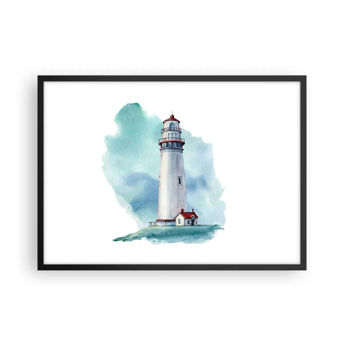 Plakat w czarnej ramie - Latarnia morska na tle akwarelowego błękitu - 70x50cm - Łagodna siostra błękitu - Nowoczesna dekoracja ścienna do salonu i sypialni ARTTOR