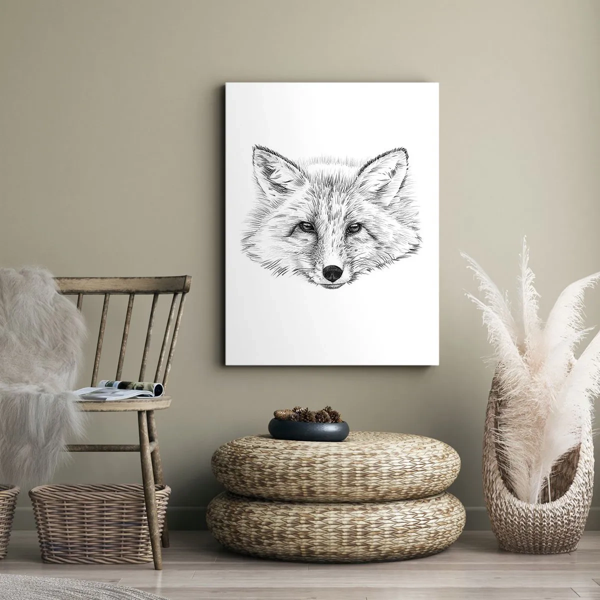 Obraz na płótnie - Czarno-biały rysunek głowy lisa na białym tle - 70x100cm - Czy te oczy mogą kłamać? - Nowoczesna dekoracja ścienna do salonu i sypialni ARTTOR