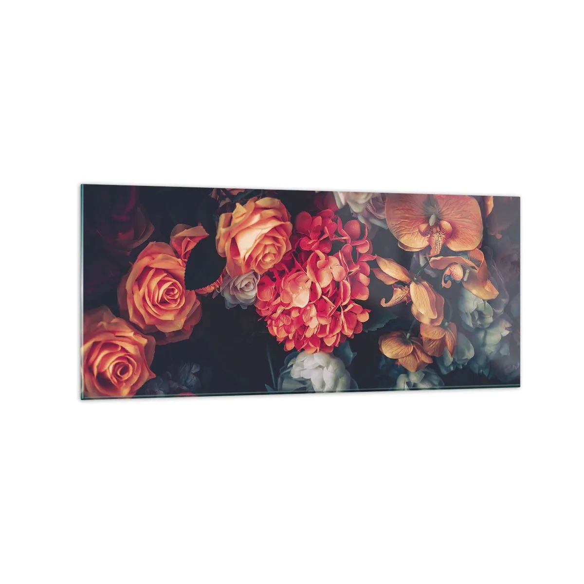 Obraz na szkle - Bukiet różnorodnych kwiatów w ciemnej tonacji - 120x50cm - Jak u holenderskich mistrzów - Nowoczesna dekoracja ścienna do salonu i sypialni ARTTOR