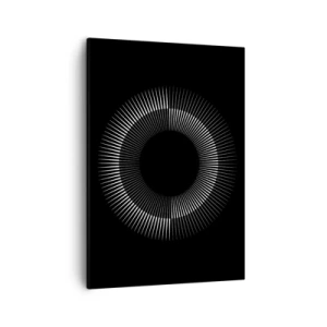 Obraz na płótnie - Minimalistyczny czarno-biały okrąg z promieniami na czarnym tle - 50x70cm - Czarne Słońce - Nowoczesna dekoracja ścienna do salonu, kuchni i sypialni ARTTOR
