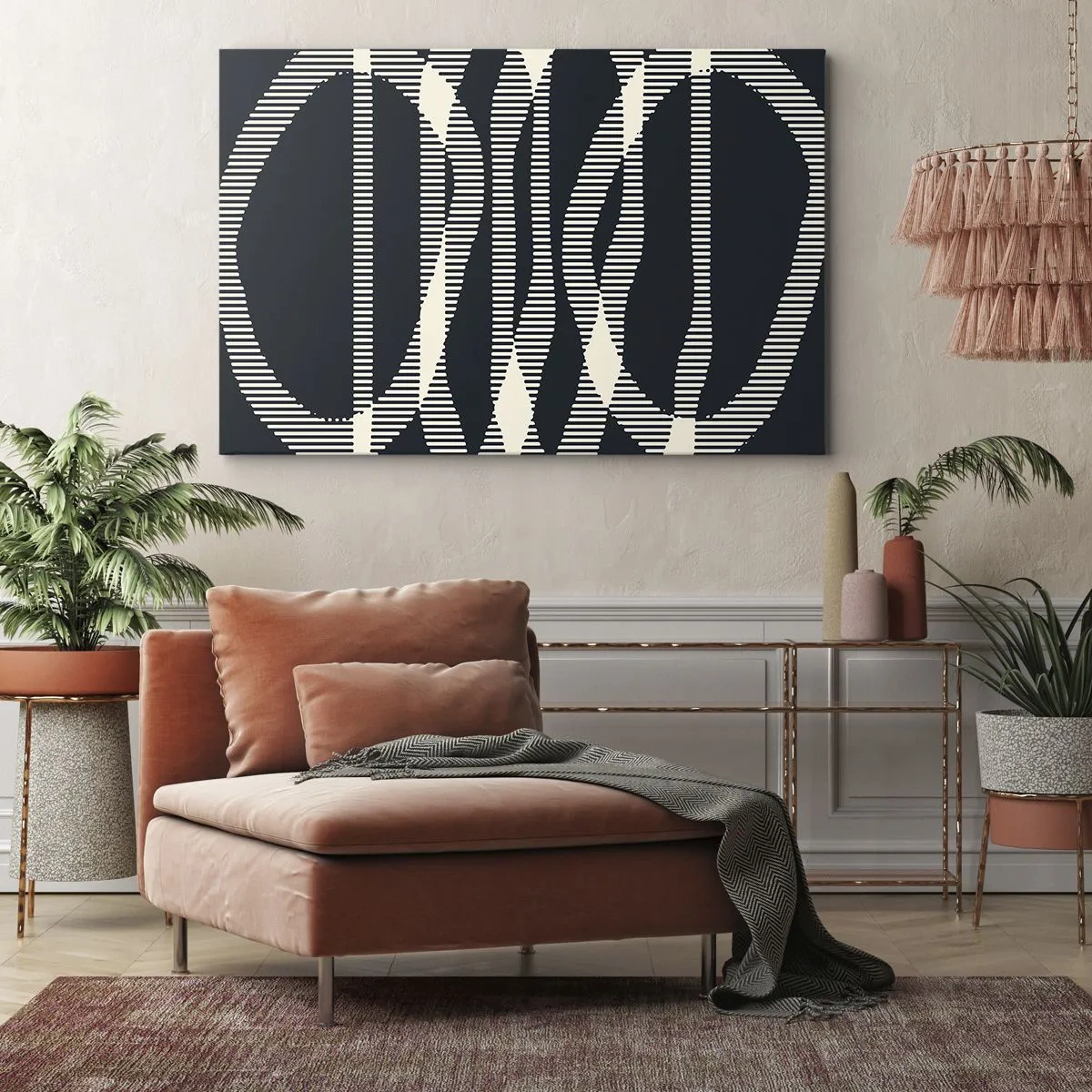 Obraz na płótnie - Geometryczne linie w jasnych odcieniach na ciemnym tle - 70x50cm - Próba przełamania ciemności - Nowoczesna dekoracja ścienna do salonu i sypialni ARTTOR