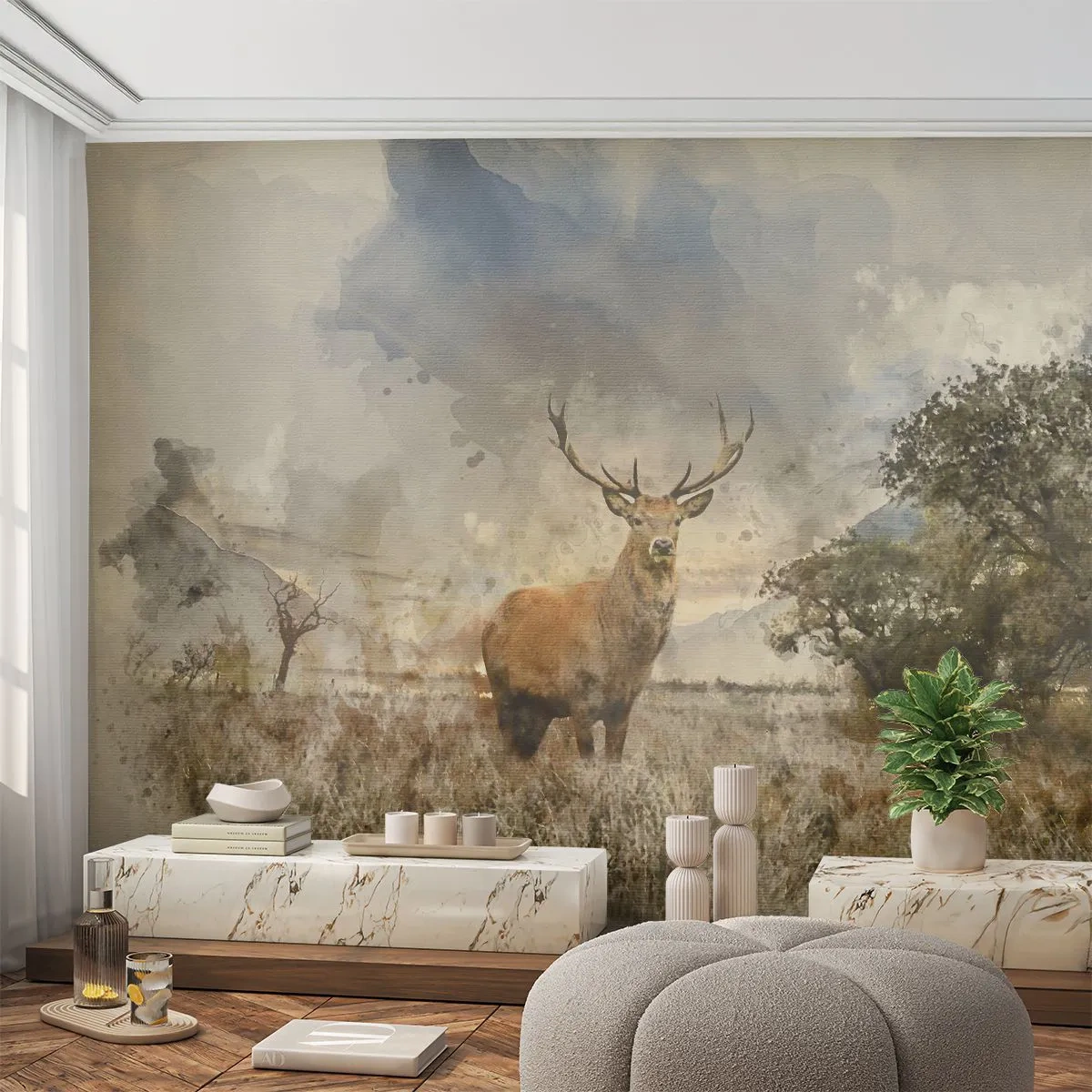 Fototapeta Premium Sand - Dostojny jeleń na łące w artystycznym stylu akwareli - 100x70cm - Godność - siła - dostojeństwo - Nowoczesna dekoracja ścienna do salonu, kuchni i sypialni ARTTOR