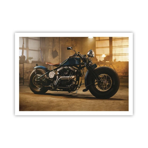 Plakat - Stylowy motocykl w industrialnym wnętrzu z ciepłym oświetleniem - 100x70cm - Mogę wszystko - Nowoczesna dekoracja ścienna do salonu i sypialni ARTTOR