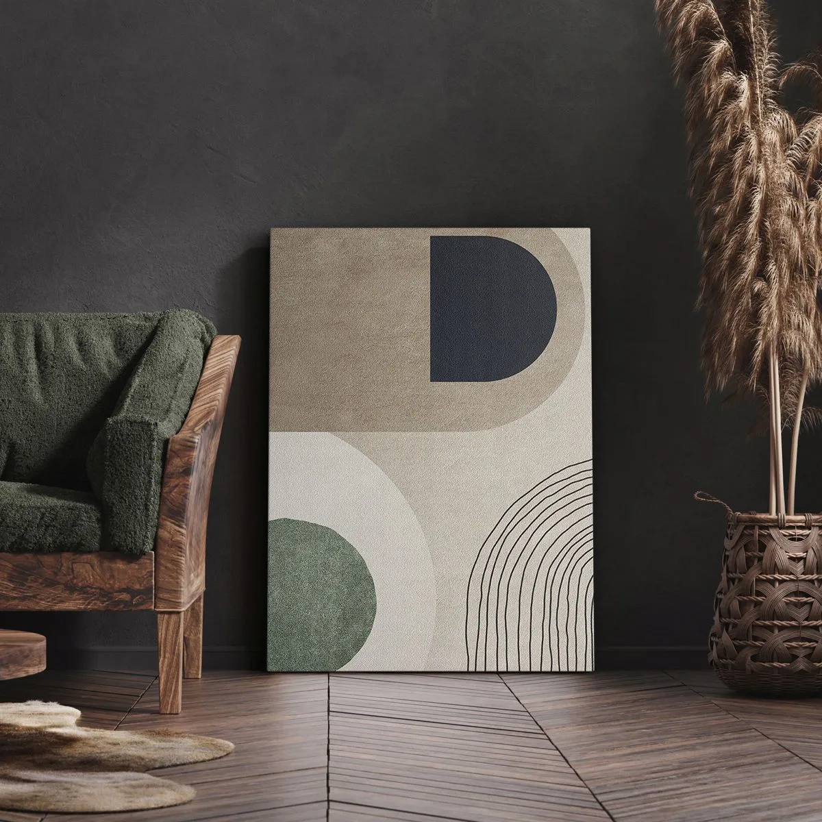Obraz na płótnie - Minimalistyczna kompozycja geometryczna w beżu, zieleni i granacie - 50x70cm - Łagodność owalu - Nowoczesna dekoracja ścienna do salonu, kuchni i sypialni ARTTOR