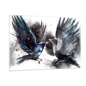 Obraz na szkle - Dwa kruki w dynamicznej pozycji z rozpostartymi skrzydłami - 120x80cm - Kruk krukowi… - Nowoczesna dekoracja ścienna do salonu, kuchni i sypialni ARTTOR