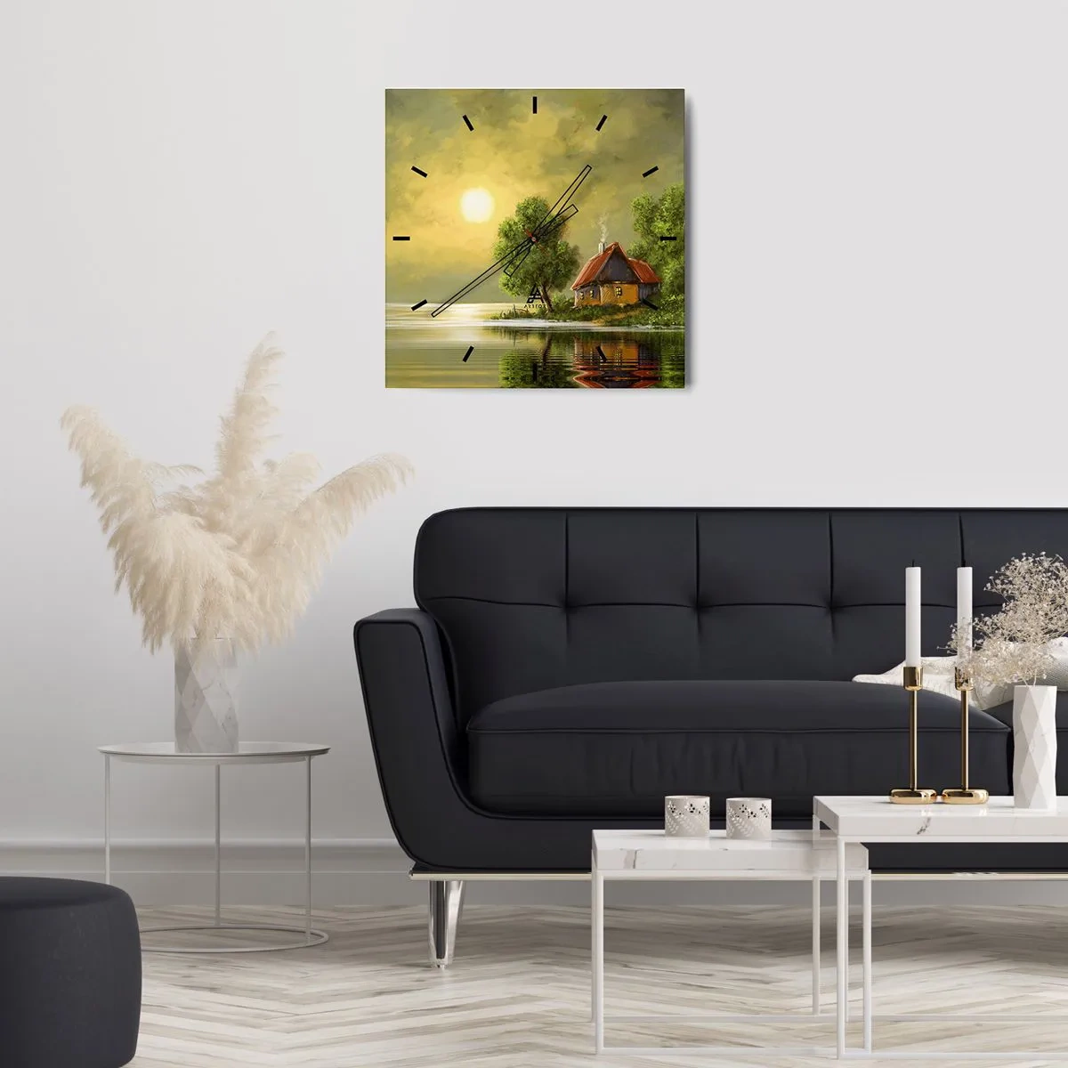 Zegar ścienny - Dom nad jeziorem w świetle zachodzącego słońca - 30x30cm - Pięknie, jak z obrazka - Nowoczesna dekoracja ścienna do salonu i sypialni ARTTOR