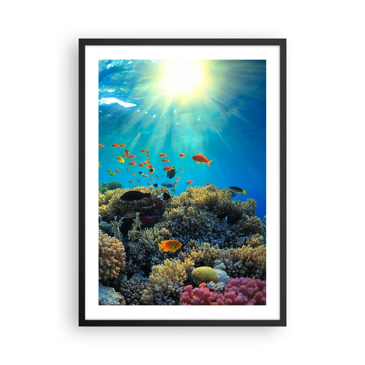 Plakat w czarnej ramie - Podwodny krajobraz z rafą koralową i kolorowymi rybami - 50x70cm - Podwodne skarby - Nowoczesna dekoracja ścienna do salonu i sypialni ARTTOR