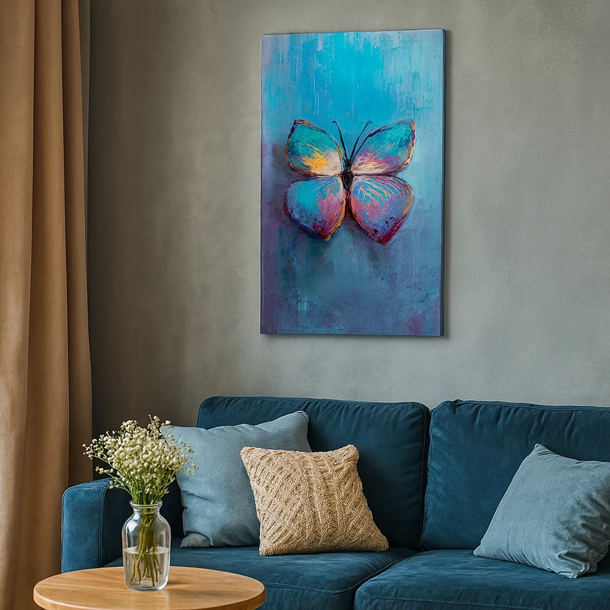 Obraz na płótnie - Kolorowy motyl na tle turkusowo-fioletowej abstrakcji - 50x70cm - W pełnej krasie - Nowoczesna dekoracja ścienna do salonu, kuchni i sypialni ARTTOR