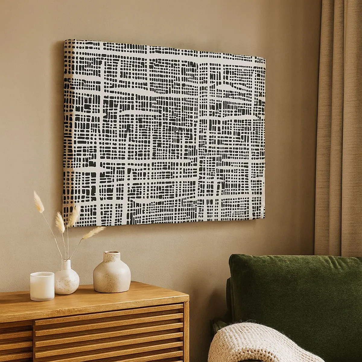 Obraz na płótnie - Geometryczny wzór przypominający siatkę na jasnym tle - 70x50cm - Kompozycja utkana - Nowoczesna dekoracja ścienna do salonu i sypialni ARTTOR