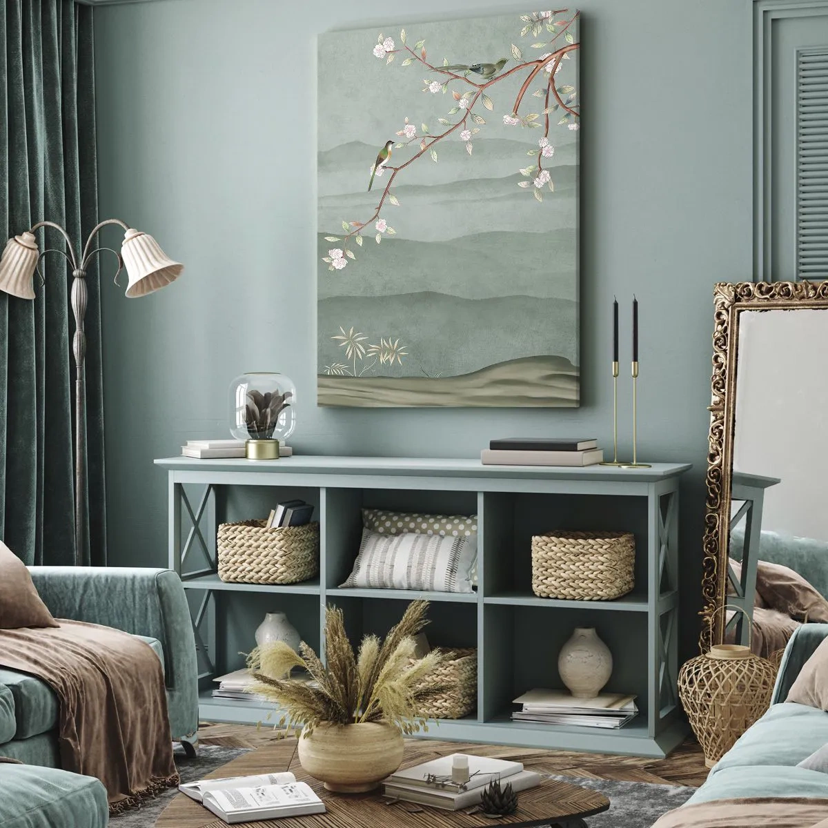 Obraz na płótnie - Malowniczy obraz gałęzi kwitnącego drzewa z ptakami na tle zielonych wzgórz - 80x120cm - Wiosna, ach, to ty - Nowoczesna dekoracja ścienna do salonu i sypialni ARTTOR