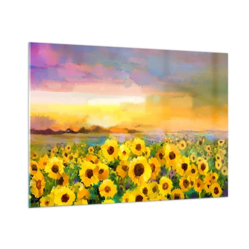 Obraz na szkle - Pole słoneczników w świetle zachodzącego słońca - 100x70cm - Samo słońce zstąpiło na ziemię - Nowoczesna dekoracja ścienna do salonu, kuchni i sypialni ARTTOR