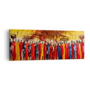 Obraz na płótnie - Kolorowa scena z afrykańskimi postaciami na tle zachodzącego słońca - 140x50cm - Tam, tam, tam tam idą - Nowoczesna dekoracja ścienna do salonu i sypialni ARTTOR