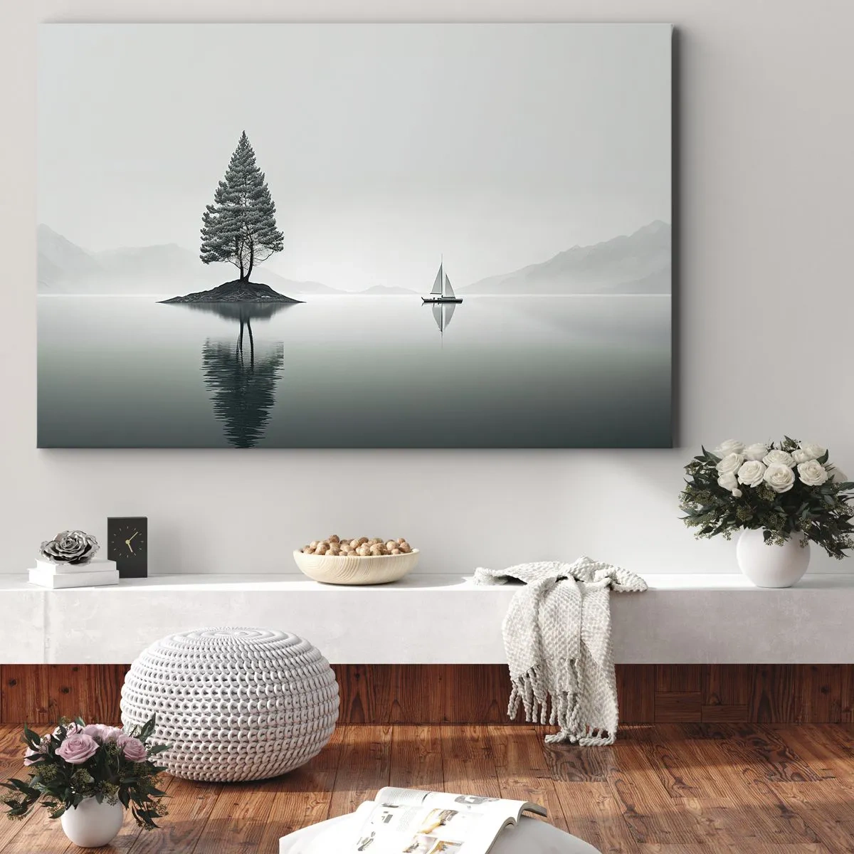 Obraz na płótnie - Minimalistyczny pejzaż z drzewem na wyspie i żaglówką - 70x50cm - Marzenie senne - Nowoczesna dekoracja ścienna do salonu i sypialni ARTTOR