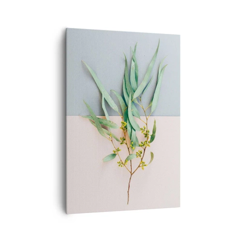 Obraz na płótnie - Gałązka z liśćmi na tle pastelowych odcieni - 70x100cm - Pastelowa subtelność - Nowoczesna dekoracja ścienna do salonu i sypialni ARTTOR