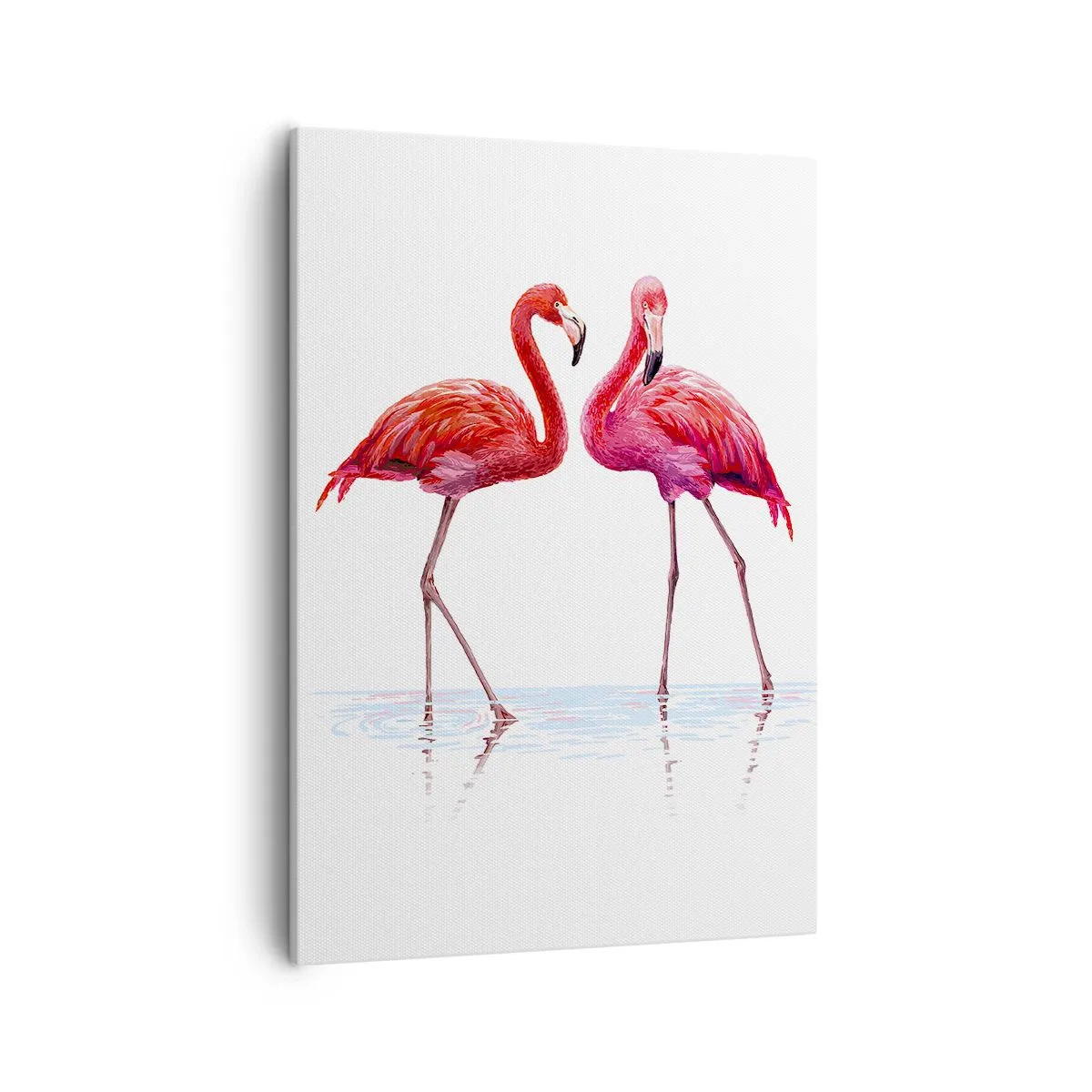 Obraz na płótnie - Dwa różowe flamingi stojące w wodzie na białym tle - 50x70cm - Różowe randez-vous - Nowoczesna dekoracja ścienna do salonu, kuchni i sypialni ARTTOR