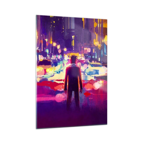 Obraz na szkle - Postać w kolorowym, nocnym świetle miasta o futurystycznym stylu - 50x70cm - Zanurzony w świetle - Nowoczesna dekoracja ścienna do salonu, kuchni i sypialni ARTTOR