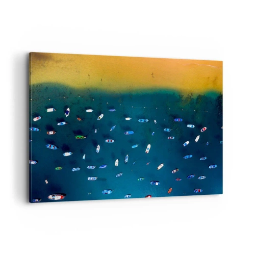 Obraz na płótnie - Widok z lotu ptaka na łodzie na wodzie i piaszczysty brzeg - 120x80cm - Wakacyjna gra - Nowoczesna dekoracja ścienna do salonu, kuchni i sypialni ARTTOR