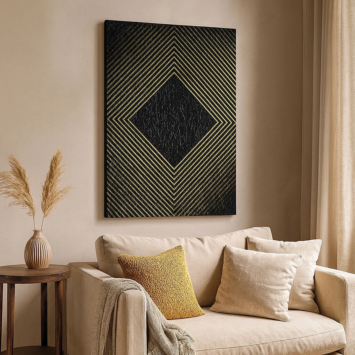 Obraz na płótnie - Geometryczna kompozycja złotych linii na czarnym tle - 50x70cm - Geometria w stylu glamour - Nowoczesna dekoracja ścienna do salonu, kuchni i sypialni ARTTOR