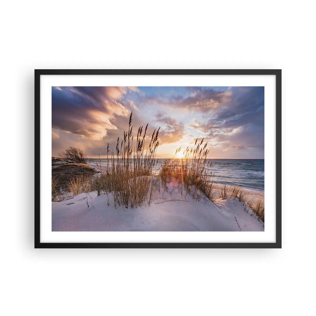 Plakat w czarnej ramie - Wydmy z trawami na tle zachodzącego słońca - 70x50cm - Pożegnanie słońca i wiatru - Nowoczesna dekoracja ścienna do salonu i sypialni ARTTOR