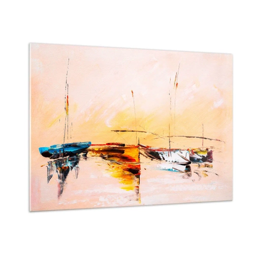 Obraz na szkle - Kolorowe łodzie zacumowane na tle zachodu słońca w stylu impresyjnym - 100x70cm - Wieczór w przystani - Nowoczesna dekoracja ścienna do salonu, kuchni i sypialni ARTTOR