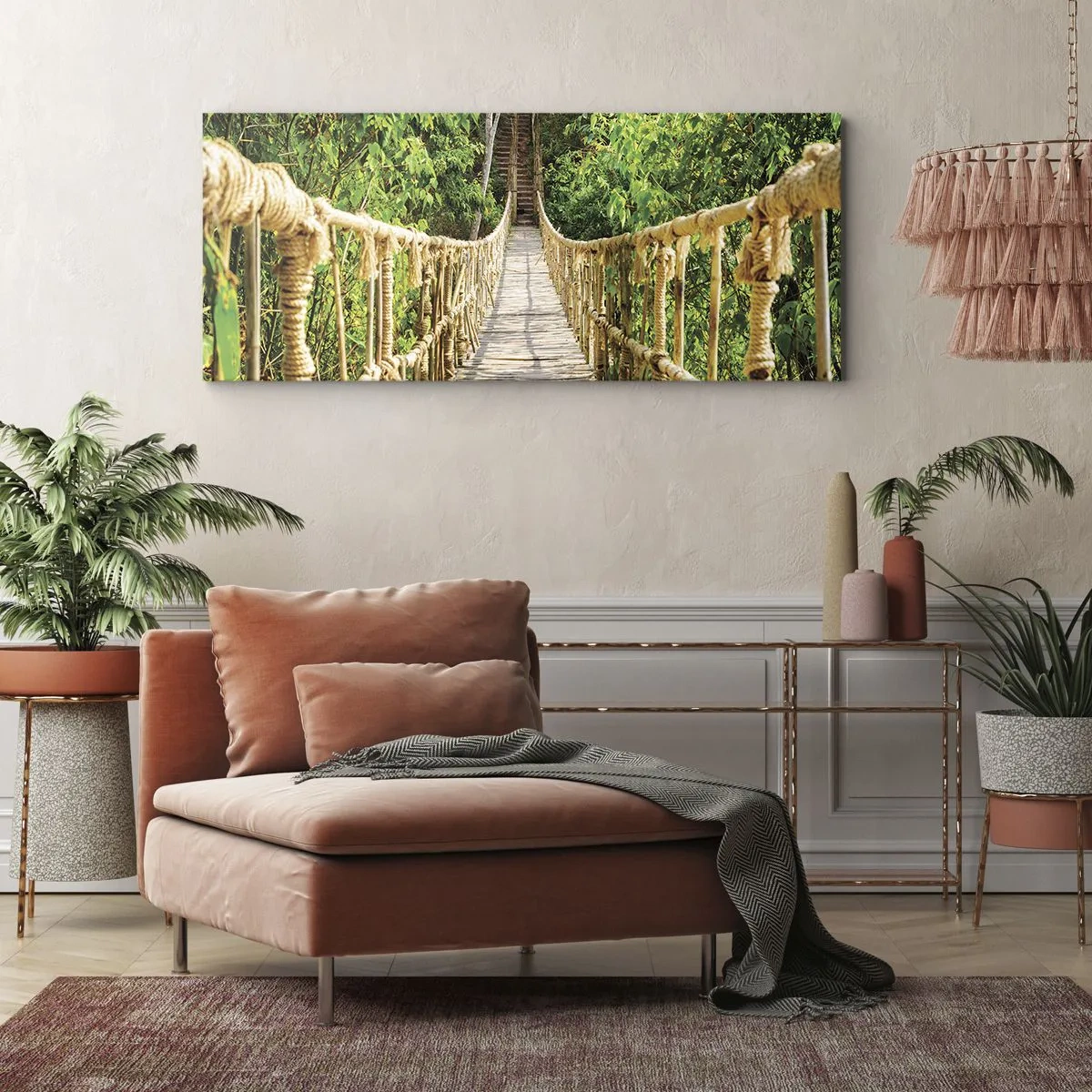 Obraz na płótnie - Wiszący most w tropikalnym lesie pełnym zieleni - 120x50cm - Zawieszony w zieleni - Nowoczesna dekoracja ścienna do salonu i sypialni ARTTOR