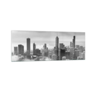 Obraz na szkle - Panorama miasta z wieżowcami w chmurach w czerni i bieli - 140x50cm - Pejzaż amerykański - Nowoczesna dekoracja ścienna do salonu i sypialni ARTTOR