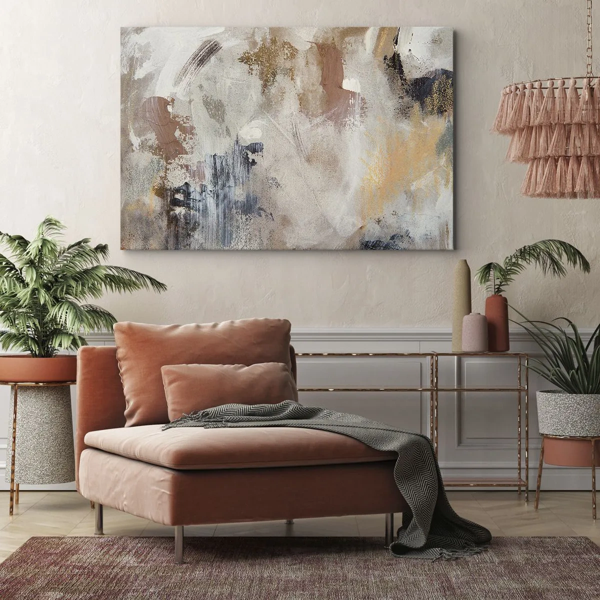 Obraz na płótnie - Abstrakcyjne plamy w stonowanych odcieniach beżu i złota - 70x50cm - Abstrakcja zamglona - Nowoczesna dekoracja ścienna do salonu i sypialni ARTTOR