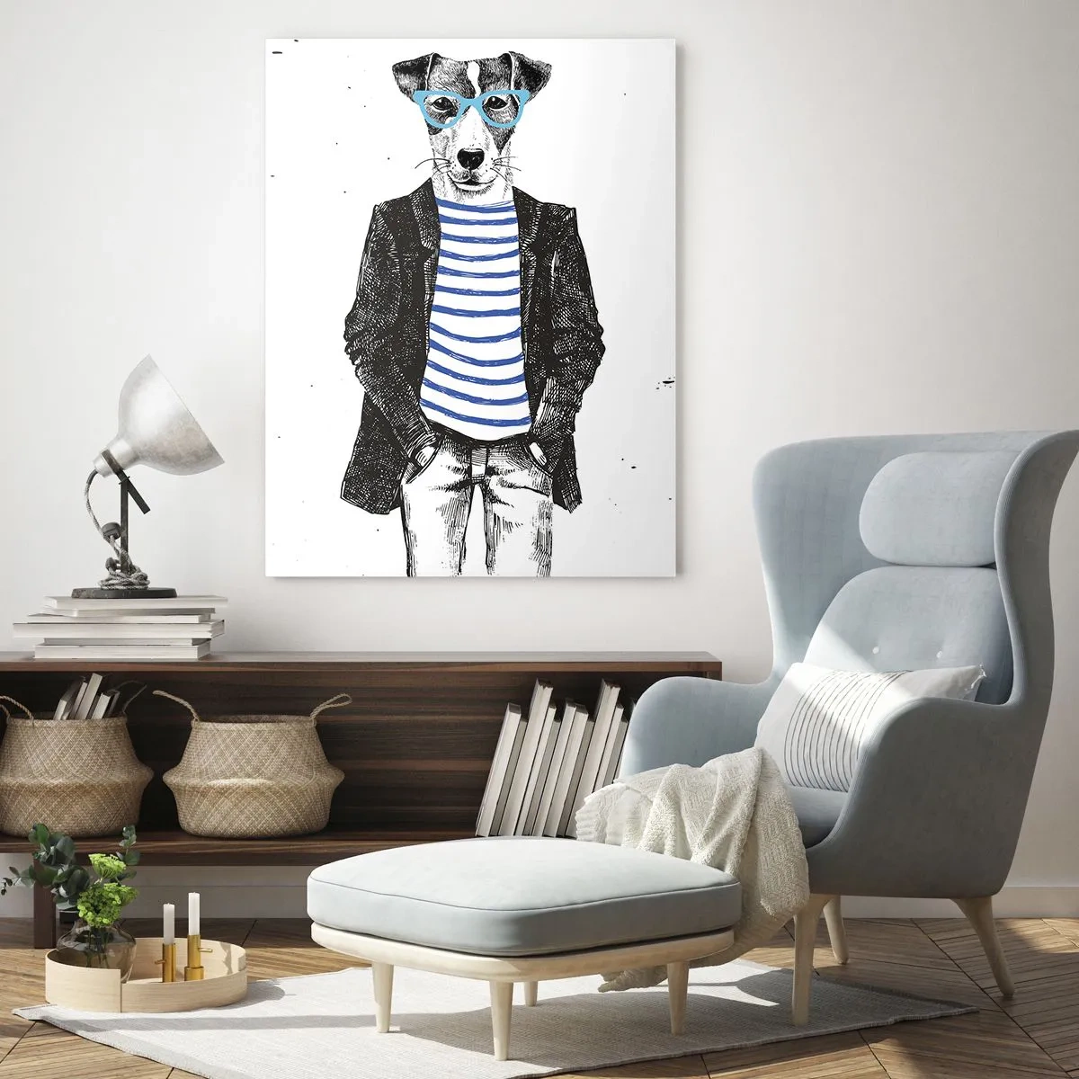 Obraz na szkle - Ilustracja psa w marynarskiej koszulce i okularach na białym tle - 50x70cm - Na psa urok - Nowoczesna dekoracja ścienna do salonu, kuchni i sypialni ARTTOR