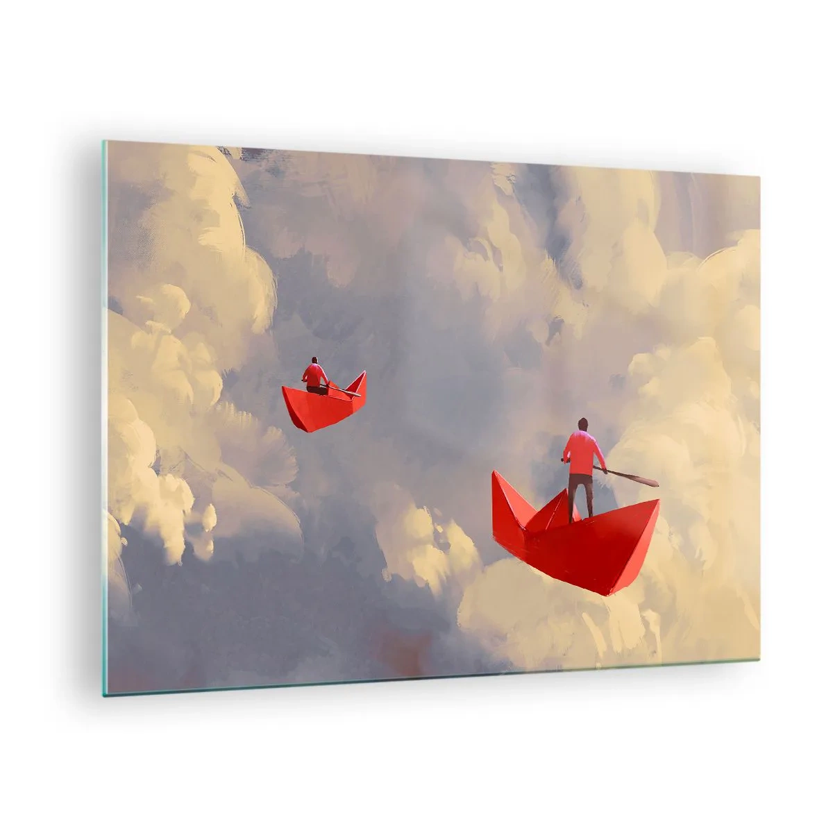 Obraz na szkle - Dwie osoby w czerwonych łodziach na tle nieba pełnego chmur - 70x50cm - Wyprawa marzycieli - Nowoczesna dekoracja ścienna do salonu i sypialni ARTTOR