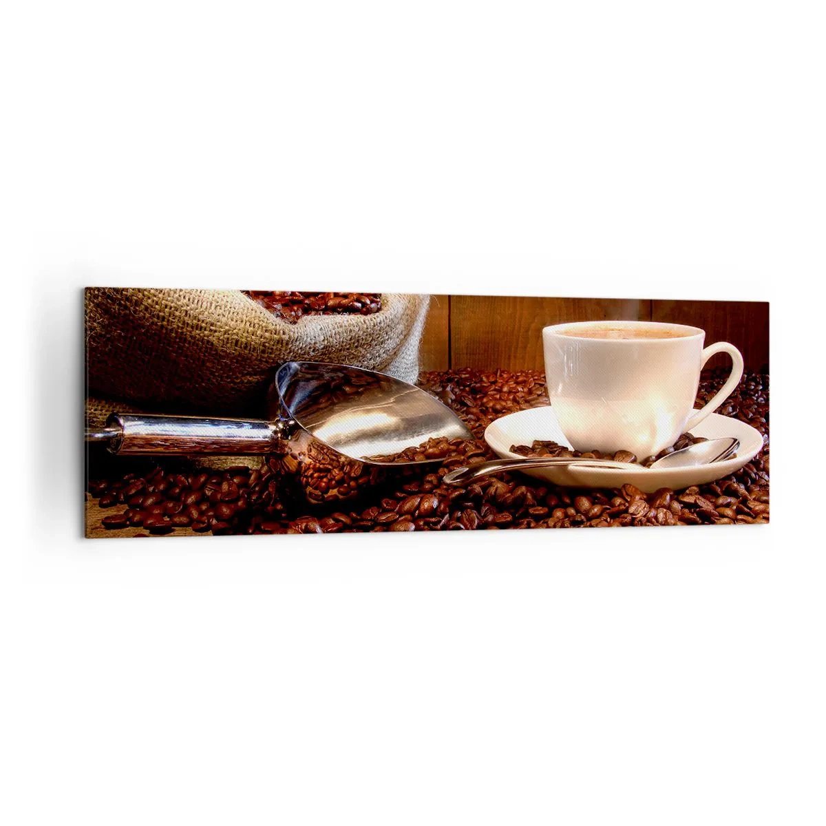 Obraz na płótnie - Filiżanka kawy na tle ziaren kawowych i worka zbożowego - 160x50cm - Czujesz ten zapach? - Nowoczesna dekoracja ścienna do salonu i sypialni ARTTOR