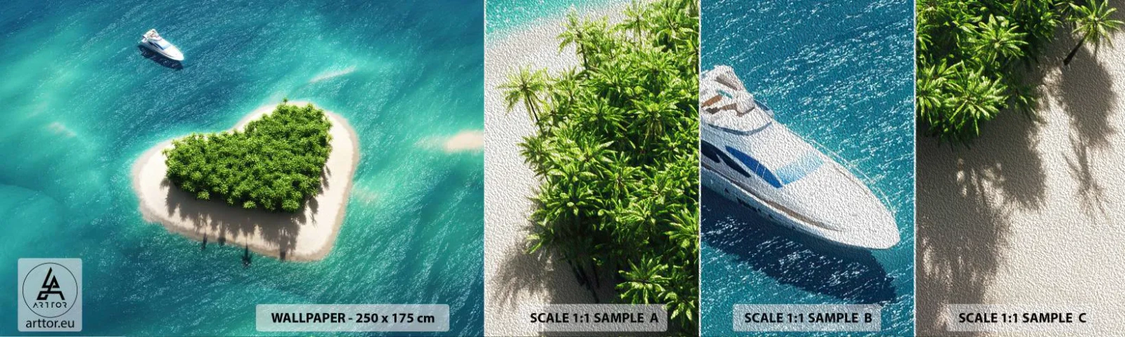 Fototapeta Próbka Premium Sand - Kocham lato - Krajobraz, Wyspa Na Oceanie, Jacht - 100x30 cm