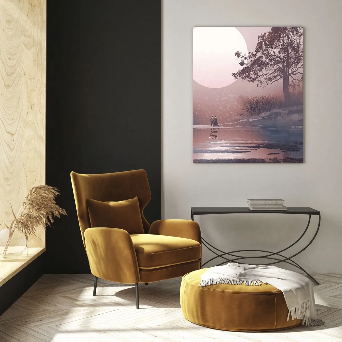 Obraz na szkle - Magiczny krajobraz z drzewem, księżycem i postaciami - 50x70cm - Nocne dziwy - Nowoczesna dekoracja ścienna do salonu, kuchni i sypialni ARTTOR