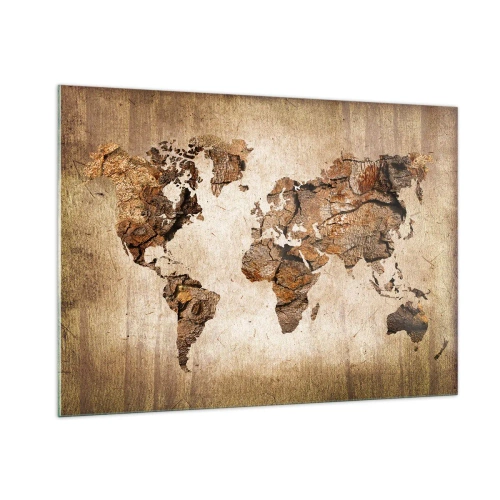 Obraz na szkle - Mapa świata w brązowych odcieniach imitująca drewno - 100x70cm - Odkrycie świata - Nowoczesna dekoracja ścienna do salonu, kuchni i sypialni ARTTOR