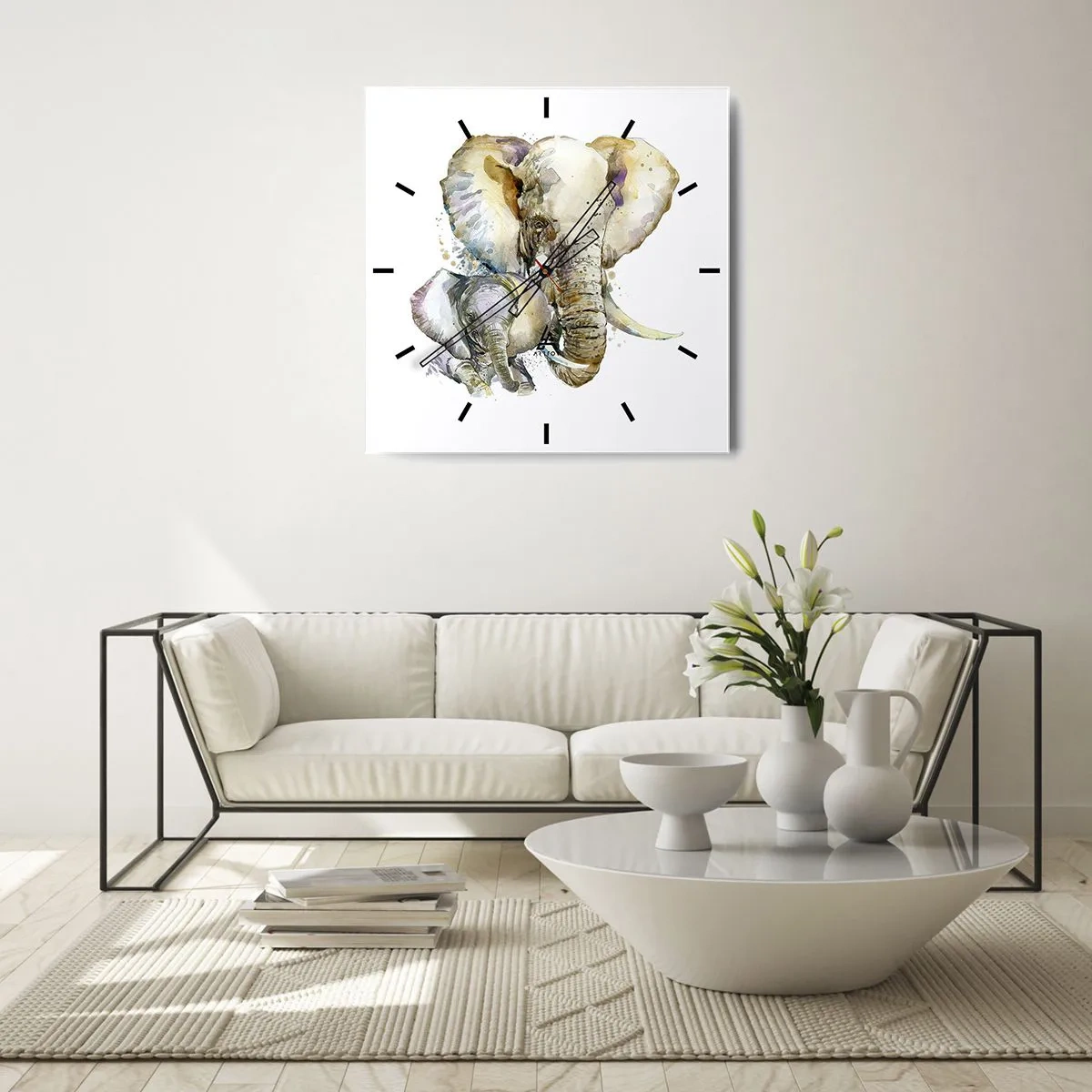 Zegar ścienny - Akwarelowe słonie w subtelnej kolorystyce - 30x30cm - Nie ma jak u mamy - Nowoczesna dekoracja ścienna do salonu i sypialni ARTTOR