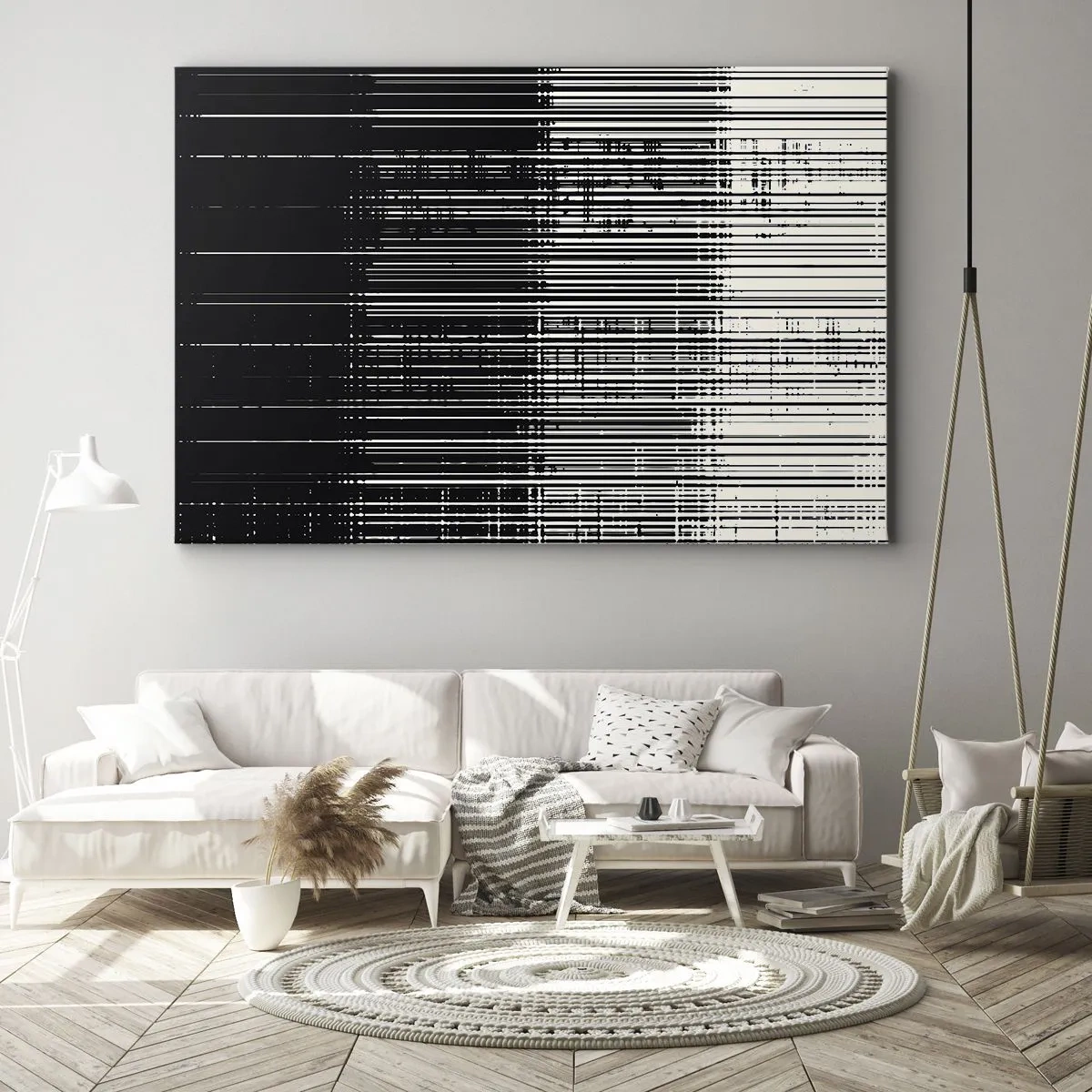 Obraz na płótnie - Abstrakcyjna kompozycja linii w kontrastowej czerni i bieli - 70x50cm - Fale i drgania - Nowoczesna dekoracja ścienna do salonu i sypialni ARTTOR