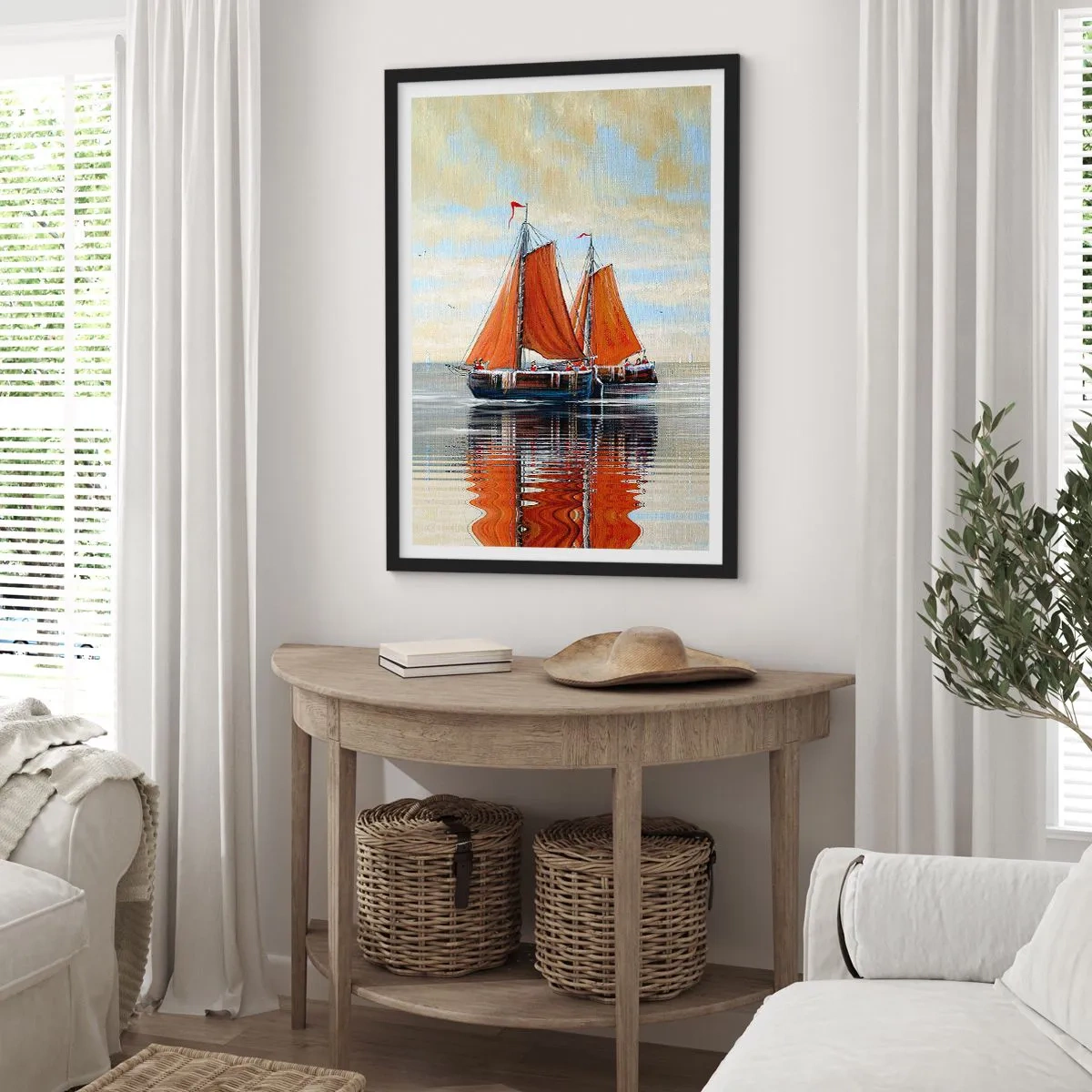 Plakat w czarnej ramie - Żaglówki na spokojnej wodzie z czerwonymi żaglami - 50x70cm - Hej, żeglujże, żeglarzu… - Nowoczesna dekoracja ścienna do salonu i sypialni ARTTOR