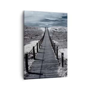 Obraz na płótnie - Drewniany pomost prowadzący przez wydmy w monochromatycznej tonacji - 50x70cm - Na sam brzeg - Nowoczesna dekoracja ścienna do salonu, kuchni i sypialni ARTTOR