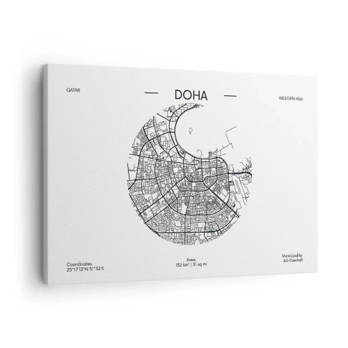 Obraz na płótnie - Minimalistyczna mapa Dohy w czarno-białej kolorystyce z precyzyjnymi detalami - 70x50cm - Anatomia Dohy - Nowoczesna dekoracja ścienna do salonu i sypialni ARTTOR
