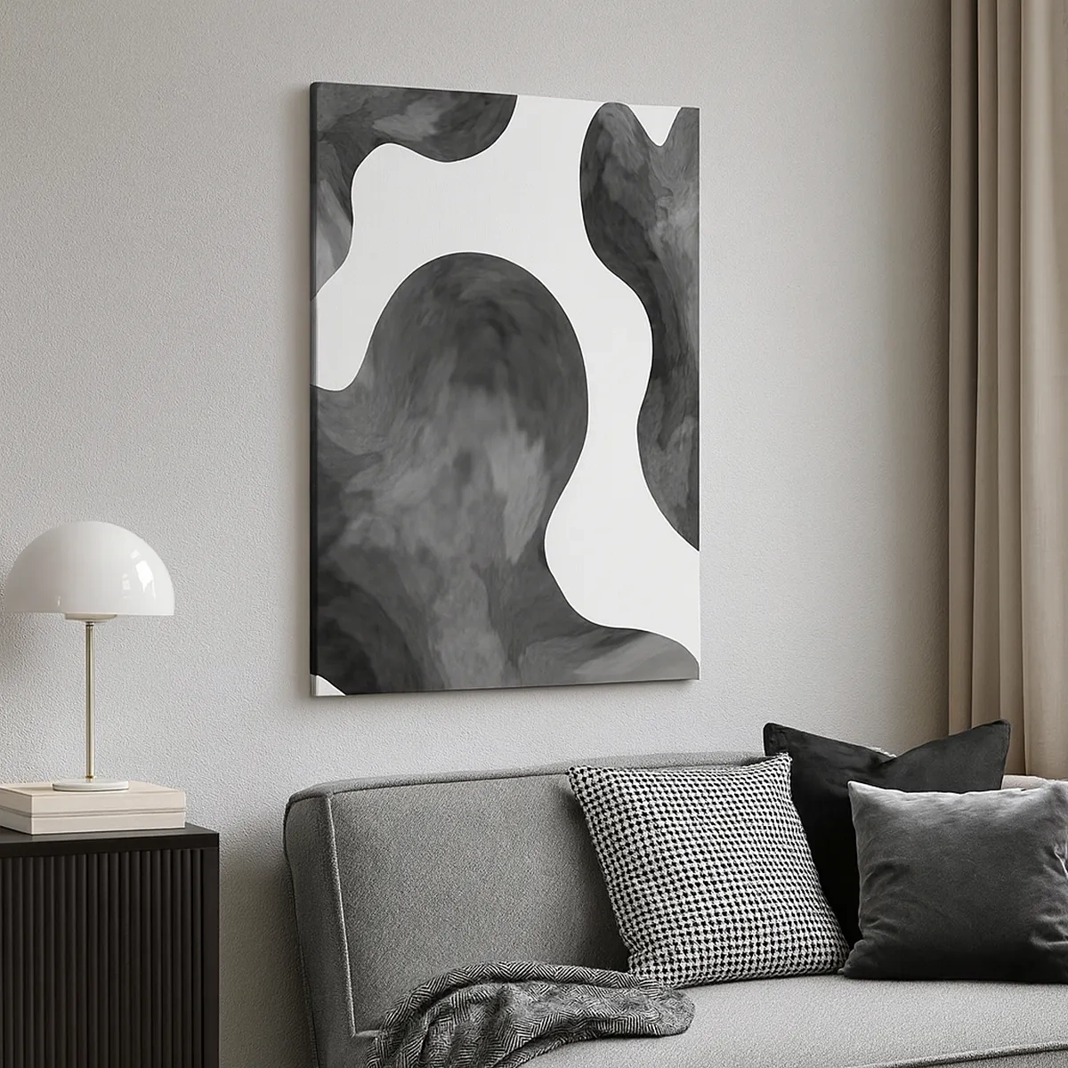 Obraz na płótnie - Abstrakcyjne, czarno-białe plamy o płynnych kształtach - 50x70cm - Droga Mleczna - Nowoczesna dekoracja ścienna do salonu, kuchni i sypialni ARTTOR