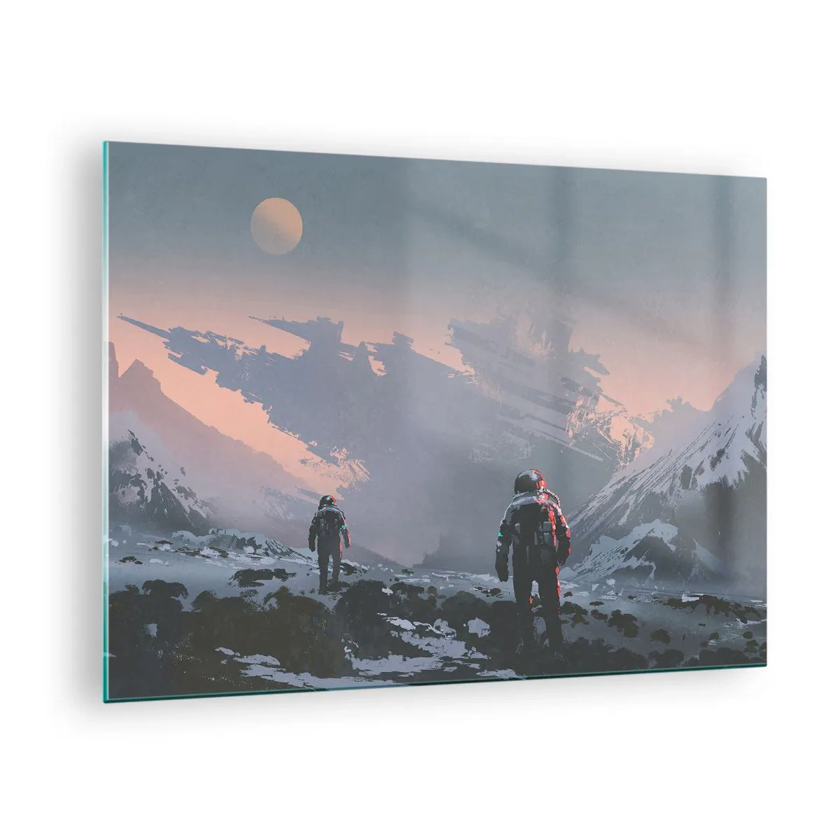 Obraz na szkle - Astronauci na obcej planecie z wrakiem statku w tle - 70x50cm - Pod nieznaną gwiazdą - Nowoczesna dekoracja ścienna do salonu i sypialni ARTTOR