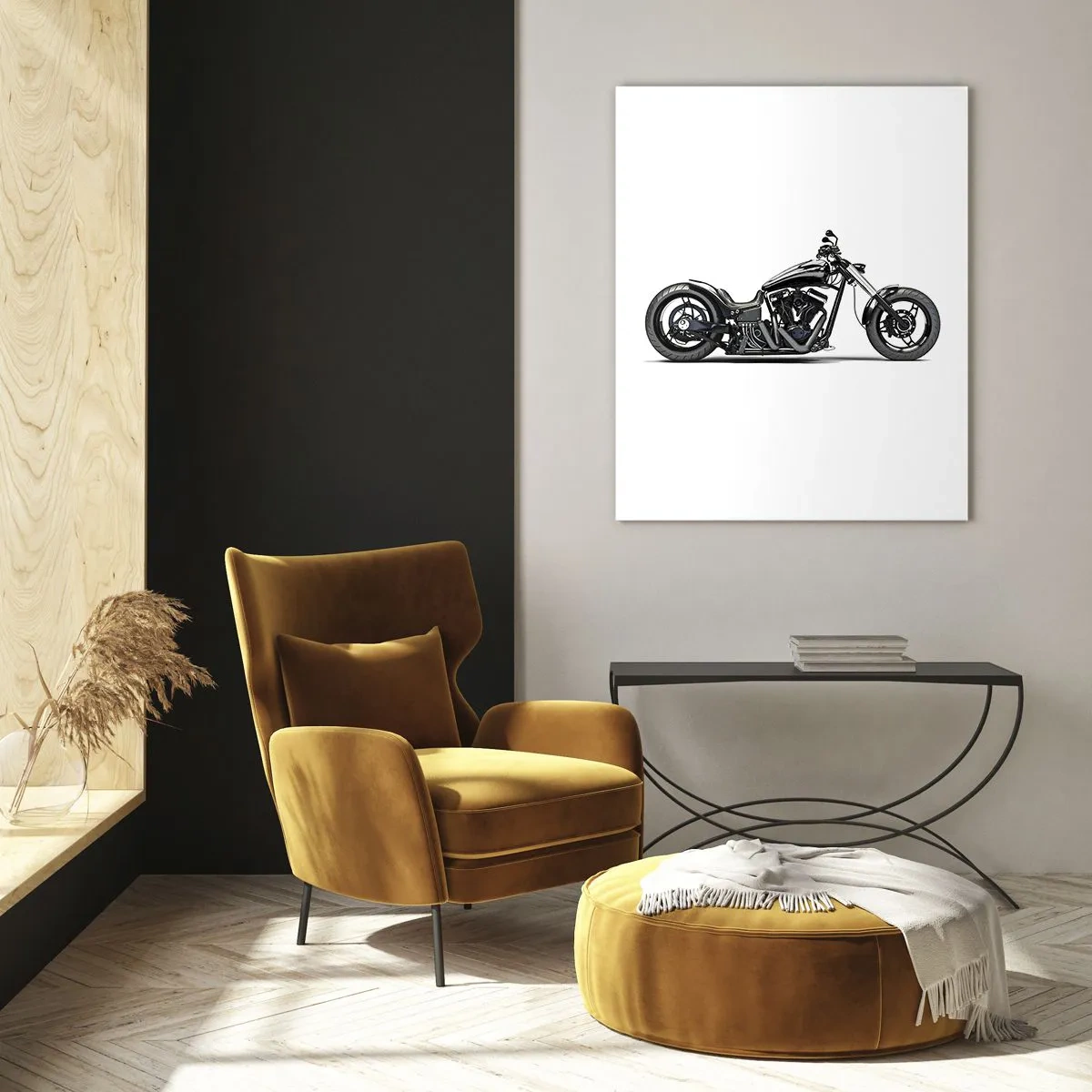 Obraz na szkle - Stylowy czarny motocykl custom na białym tle - 80x120cm - Dla kochających wolność - Nowoczesna dekoracja ścienna do salonu i sypialni ARTTOR