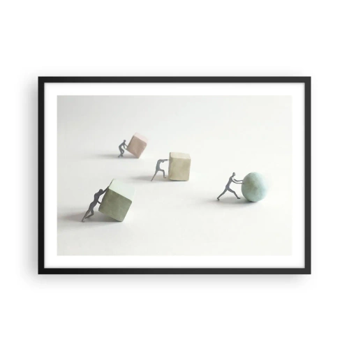 Plakat w czarnej ramie - Miniaturowe postacie pchające kształty na jasnym tle - 70x50cm - Samo życie - Nowoczesna dekoracja ścienna do salonu i sypialni ARTTOR