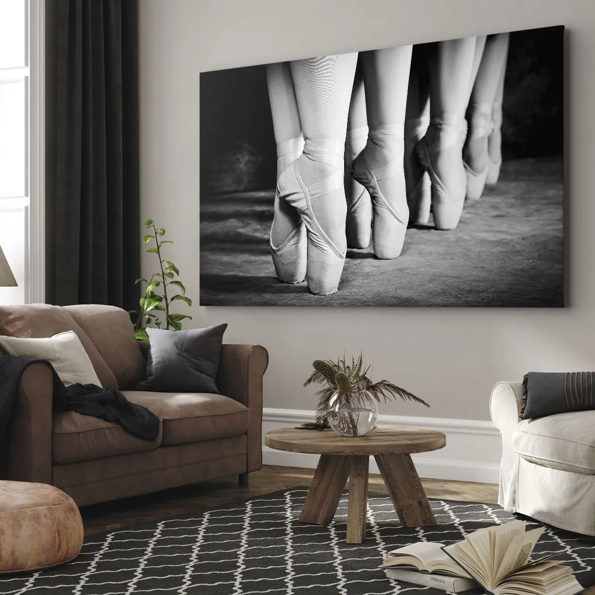 Obraz na płótnie - Baletki tancerzy w czarno-białym ujęciu - 70x50cm - Razem, lekko - Nowoczesna dekoracja ścienna do salonu i sypialni ARTTOR