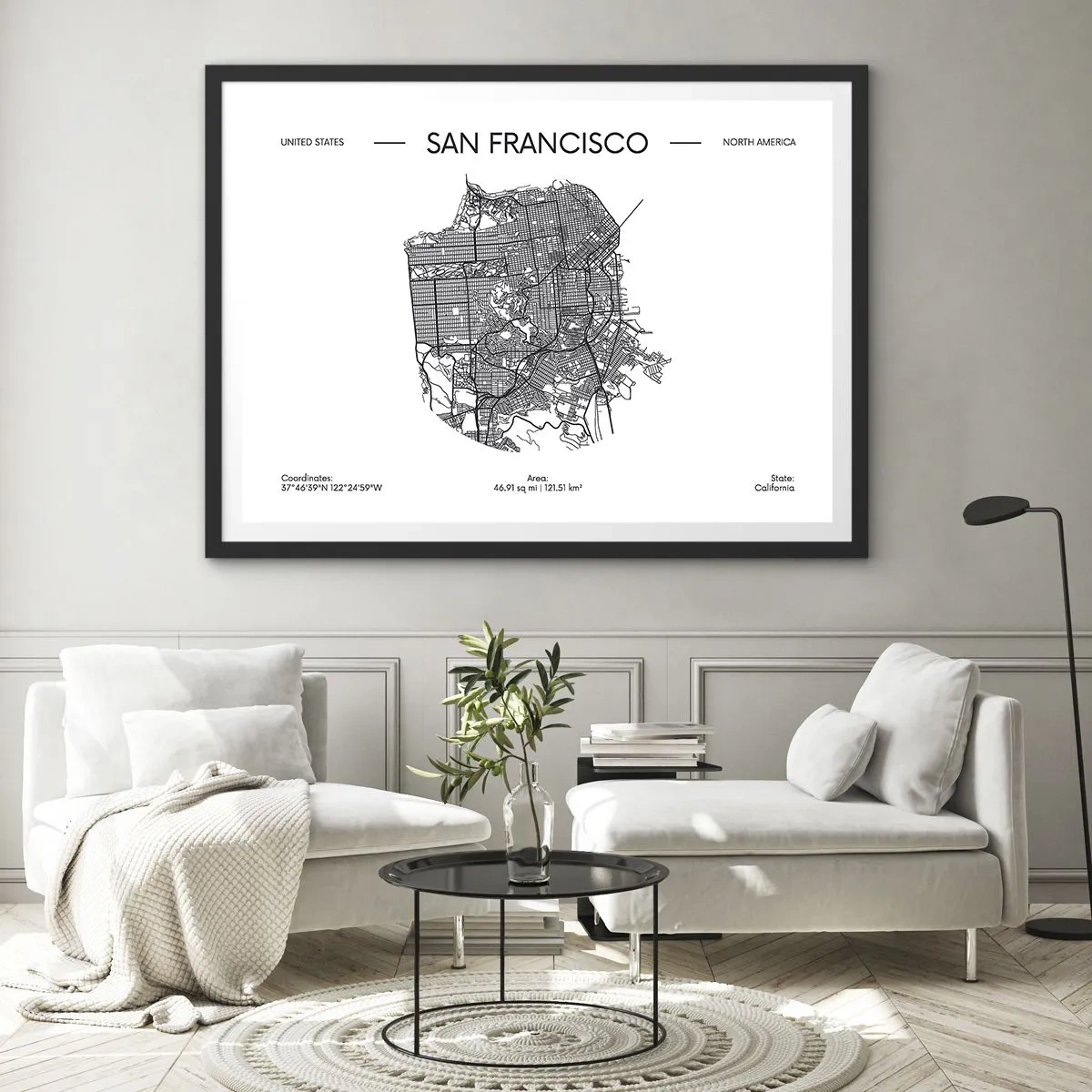 Plakat w czarnej ramie - Mapa San Francisco w czarno-białym stylu minimalistycznym - 100x70cm - Anatomia San Francisco - Nowoczesna dekoracja ścienna do salonu i sypialni ARTTOR