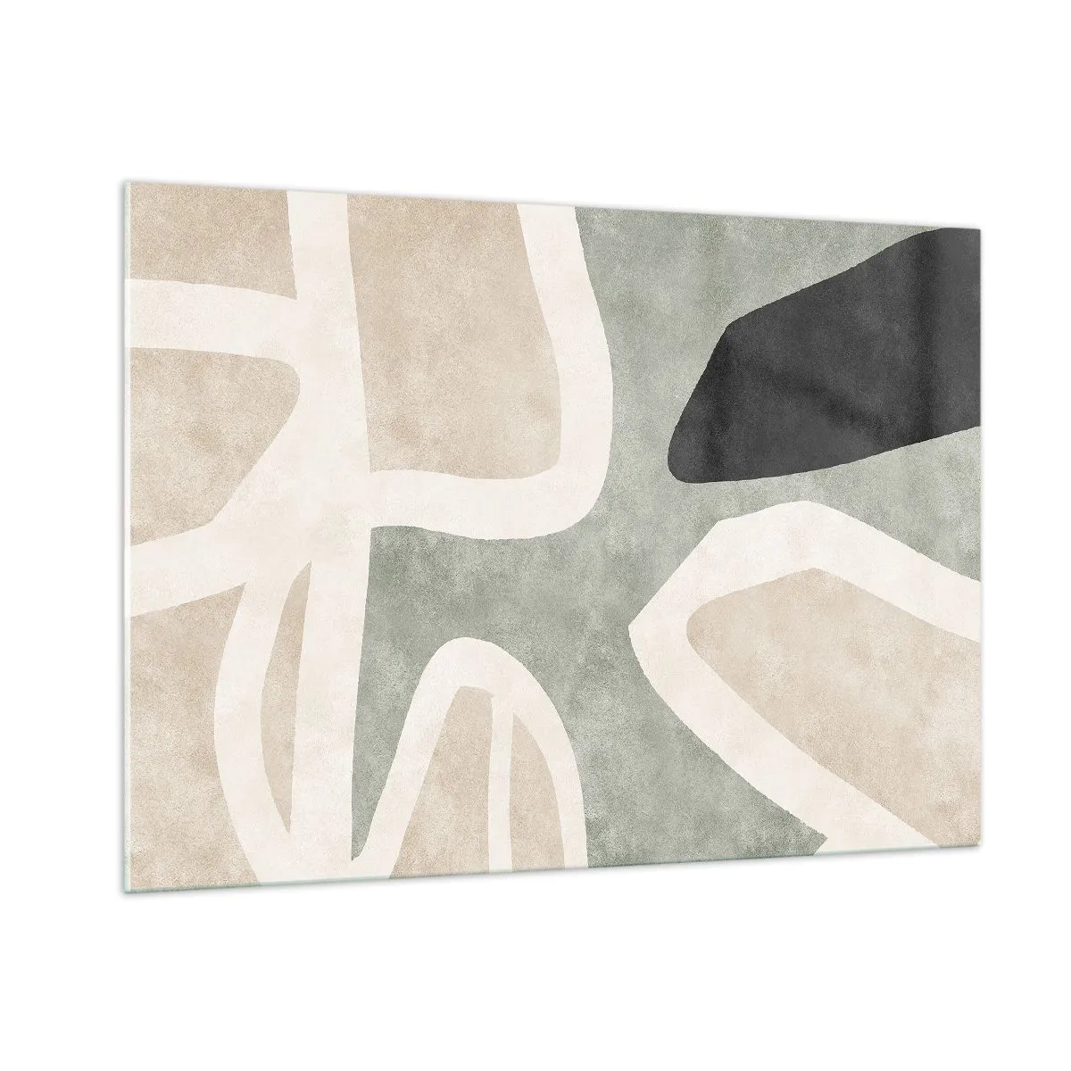 Obraz na szkle - Abstrakcyjne kształty w beżach i zieleni z akcentem czerni - 100x70cm - Kompozycja z motywem czerni - Nowoczesna dekoracja ścienna do salonu, kuchni i sypialni ARTTOR
