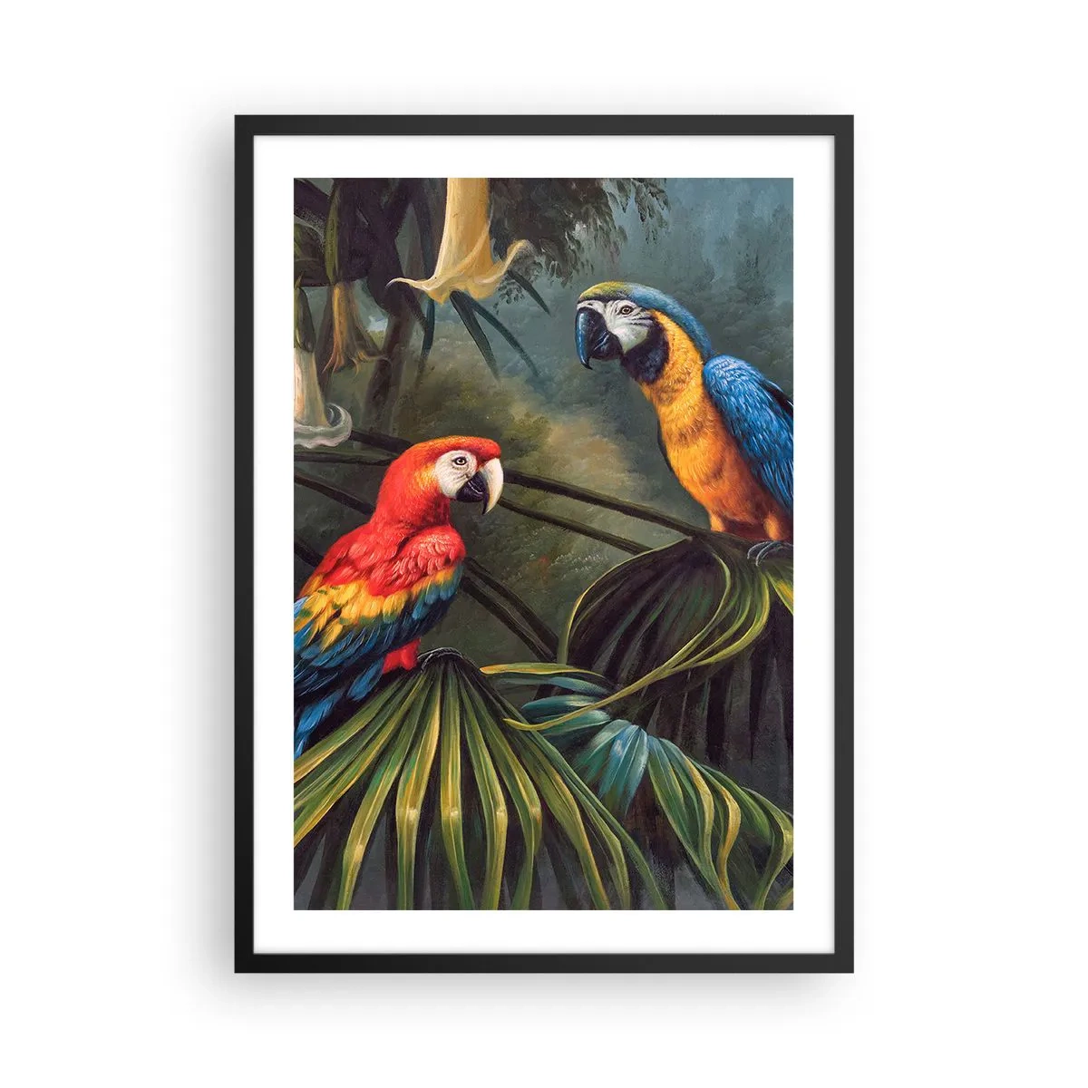 Plakat w czarnej ramie - Tropikalne papugi w otoczeniu bujnej roślinności - 50x70cm - Romantyzm w tropikach - Nowoczesna dekoracja ścienna do salonu i sypialni ARTTOR