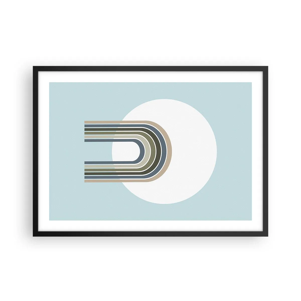 Plakat w czarnej ramie - Minimalistyczna kompozycja z okręgiem i liniami na pastelowym tle - 70x50cm - Nieodparte przyciąganie - Nowoczesna dekoracja ścienna do salonu i sypialni ARTTOR