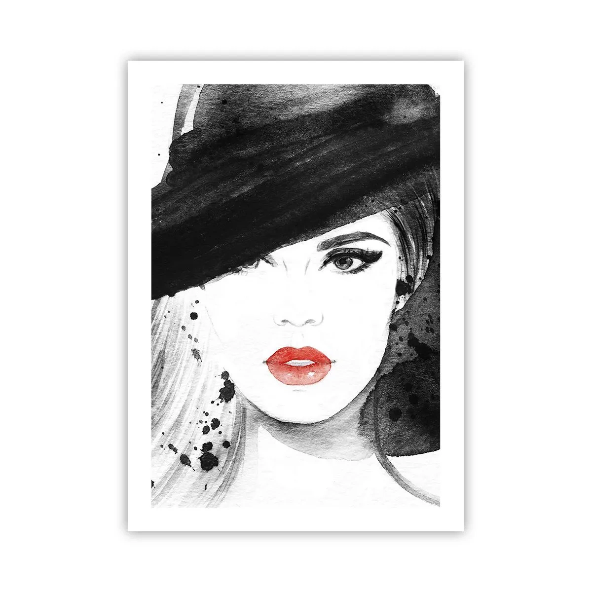 Plakat - Portret kobiety w kapeluszu z akcentem czerwonych ust - 50x70cm - Dama w czerni - Nowoczesna dekoracja ścienna do salonu, kuchni i sypialni ARTTOR